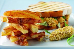 Noughties Posh Fish Finger Sandwich with Rocket Mayo dip and Jenga Chips