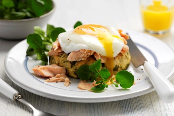 Warm Watercress Potato Cake with Poached Egg and Trout