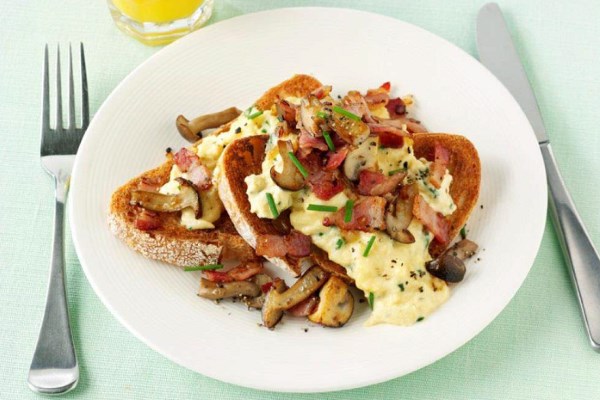 Creamy Shallot & Chive Scrambled Egg with Smoked Bacon and Wild Mushrooms