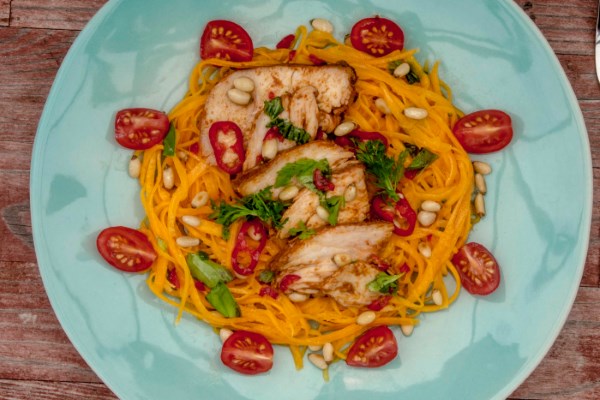 Chicken and Spiralized Butternut Squash Salad with Sesame Dressing