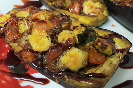 Aubergines filled with Pisto and Manchego